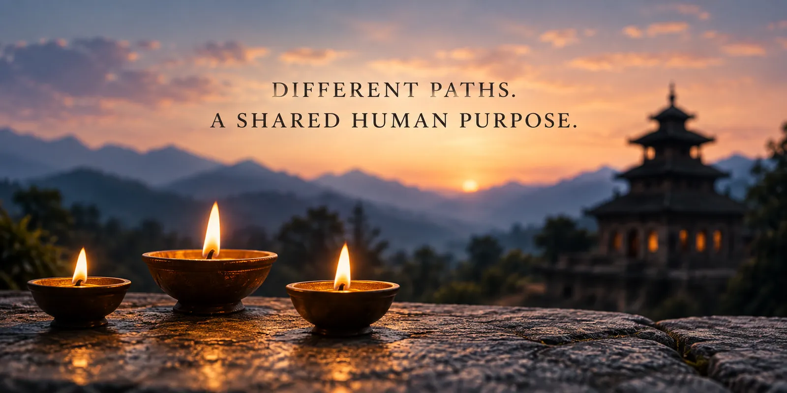Three oil lamps before a temple at dusk: Different paths. A shared human purpose.