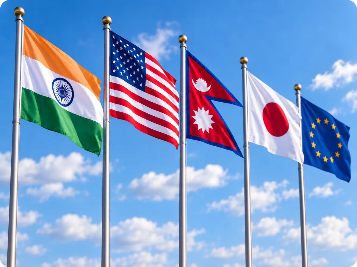 Flags of India, the United States, Nepal, Japan and the European Union