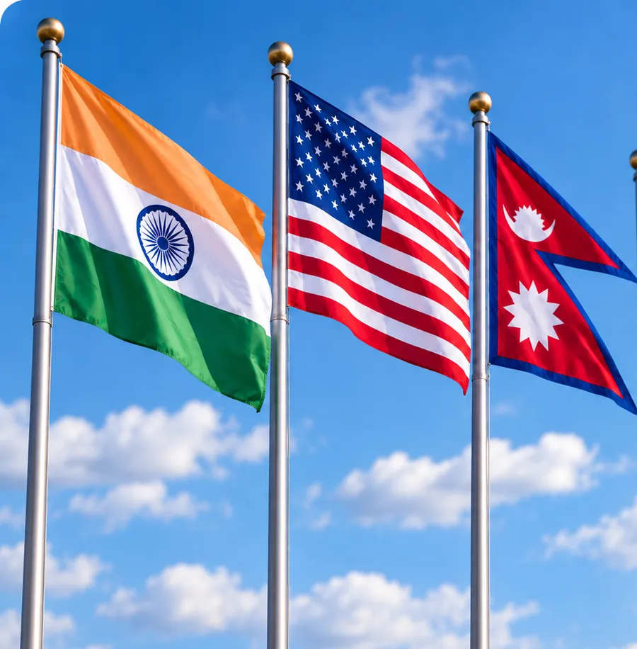 Flags of India, the United States and Nepal
